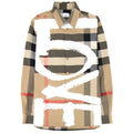 Burberry Love Print Check Stretch Cotton Oversized Shirt Archive Beige
